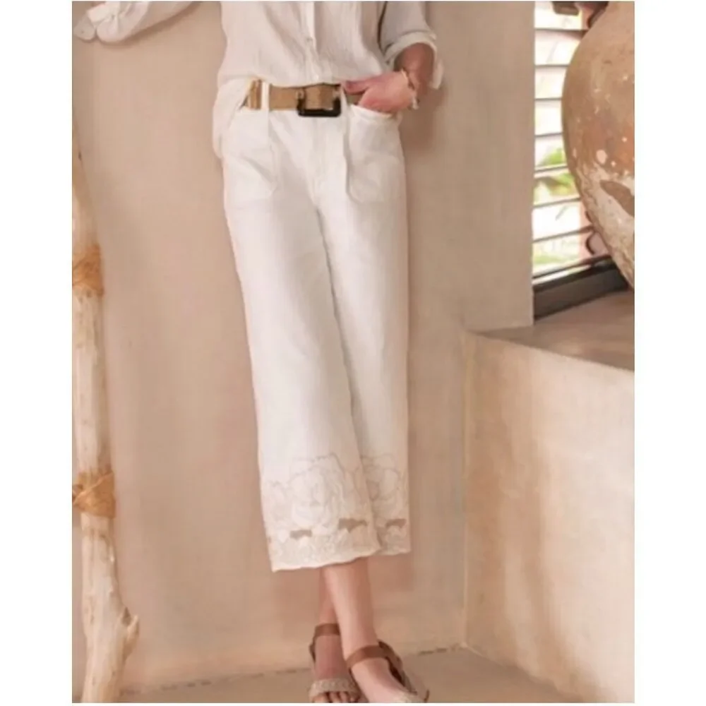 Soft Surroundings The Ultimate Wide Leg Crop Jeans Embroidered Ivory 6